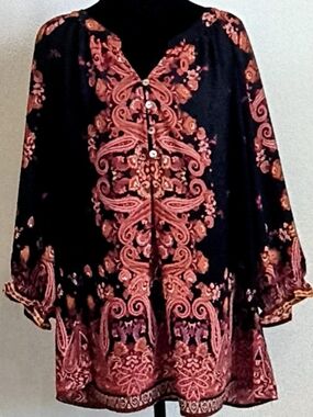 fig and flower Black Tunic with Coral and Orange Paisley